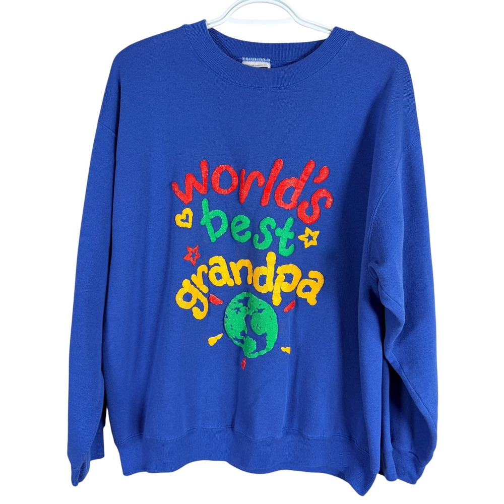 Vintage 90s Tultex Worlds‎ Best Grandpa Puff Paint Sweatshirt Mens L Blue USA